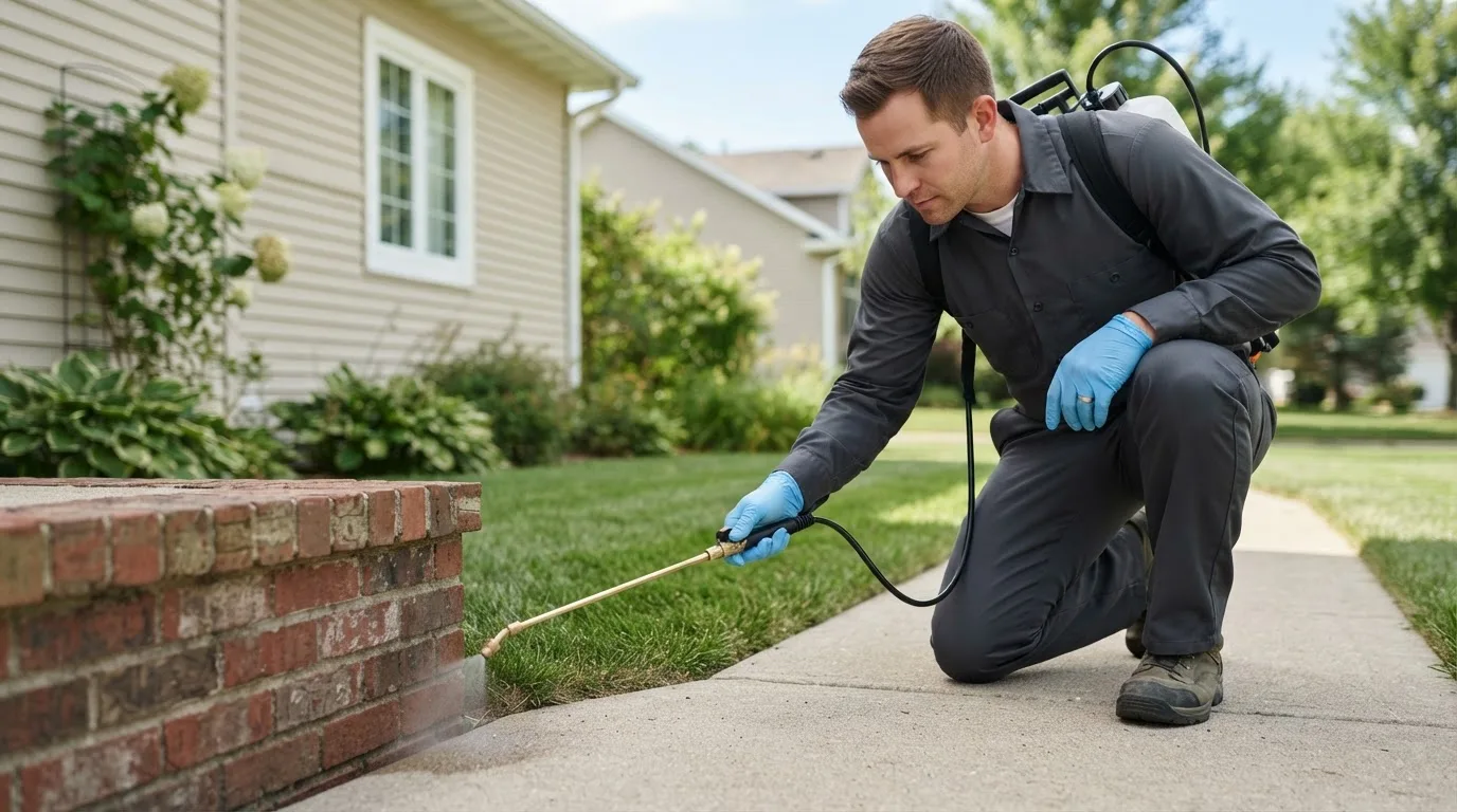 Pest control technician treating a home near Sutherlin, VA